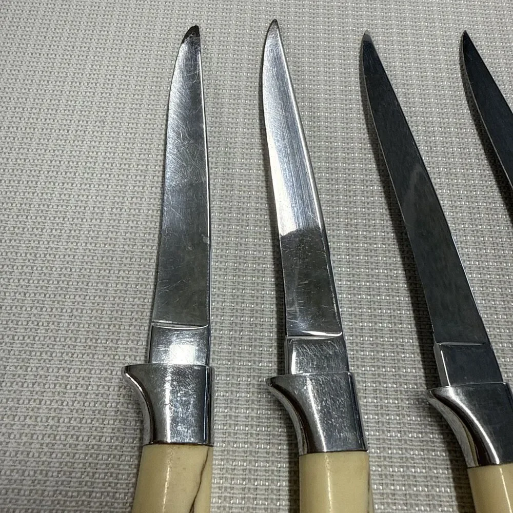 Set of 4 Vintage Briddell Steak Knifes Cream Handle MCM Kitchen w/ knife caddy